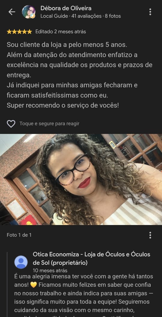 Print de avaliação 5 estrelas no Google: cliente há 5 anos recomendando a loja