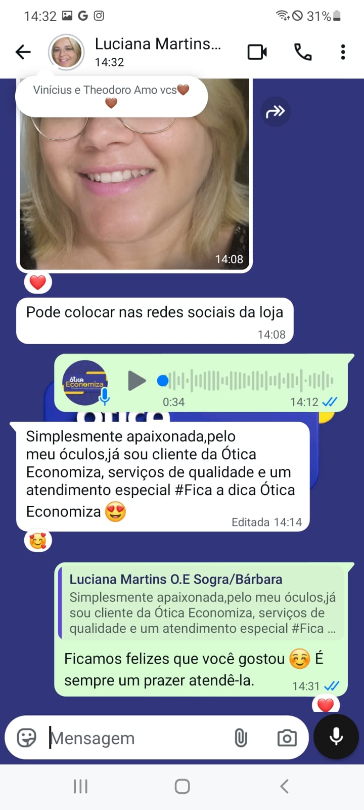 Print de conversa no WhatsApp: cliente elogiando o atendimento da Ótica Economiza