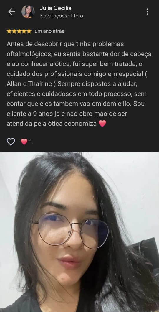 Print de avaliação 5 estrelas no Google: cliente há 9 anos com a ótica